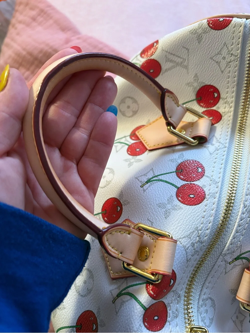 Speedy White Cherry Print Monogram Top-Handle Bag